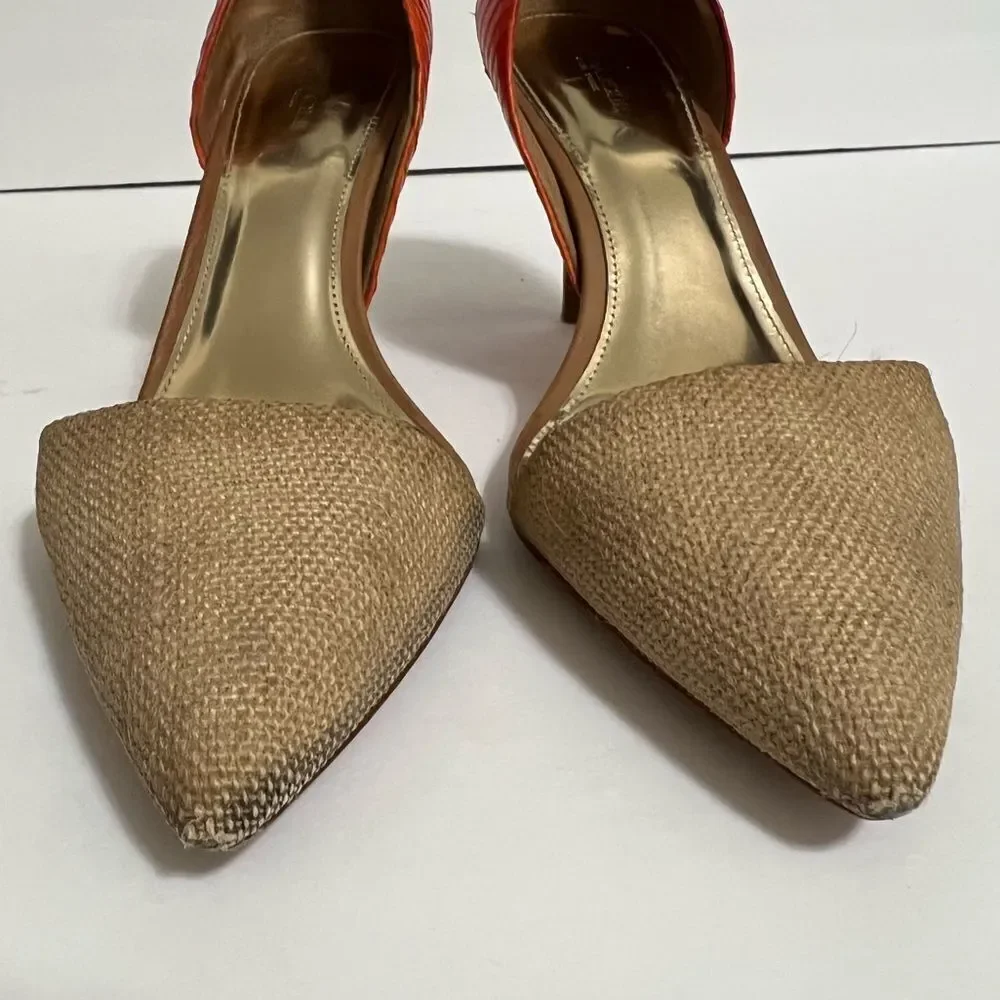 Coach Heels Pointed Toe Tan Burlap Orange Snakeskin Camille Q4508 Size 9.5 - Picture 13 of 14